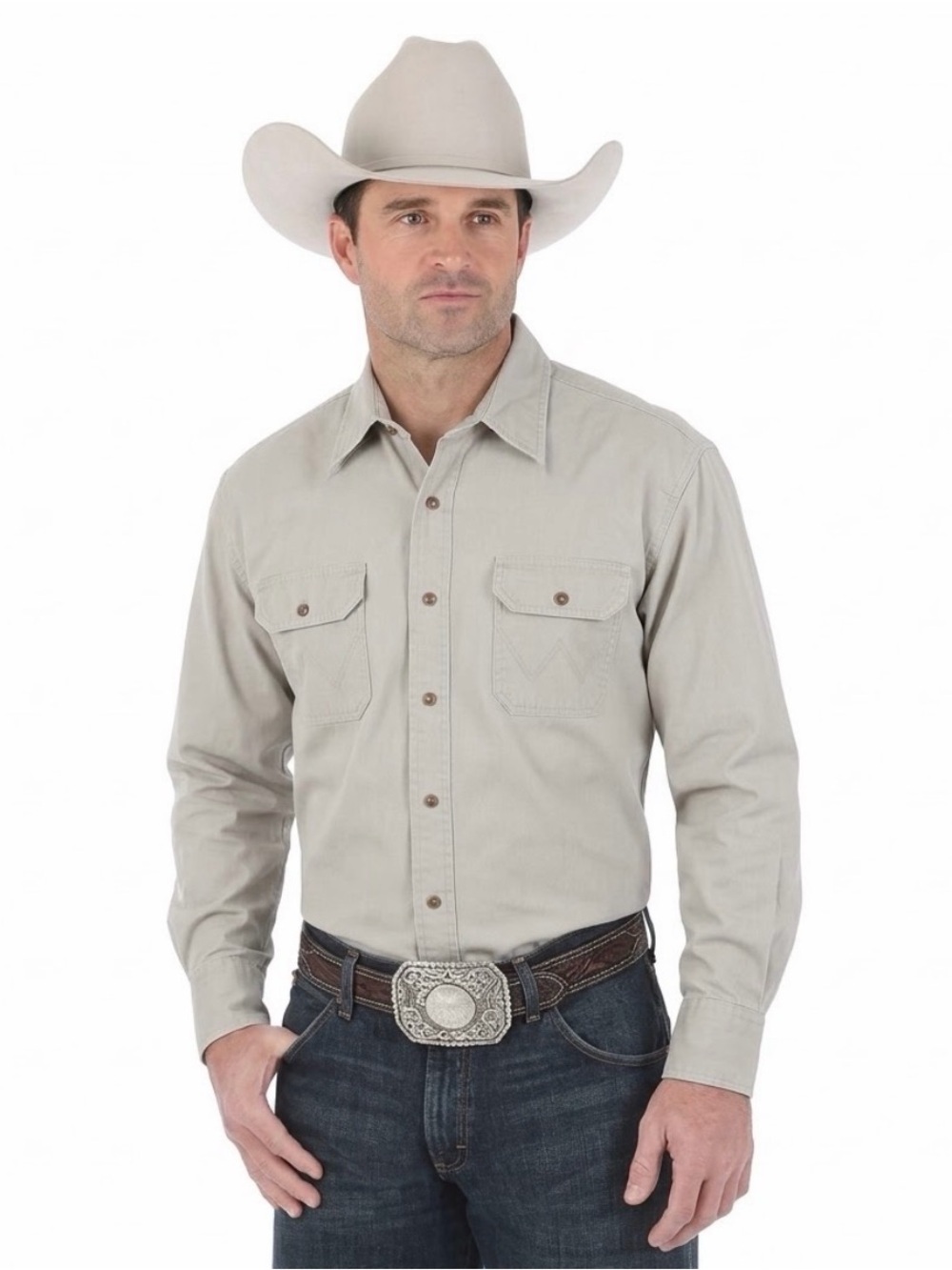 NEW Wrangler Men's Authentic 2XL Cowboy Shirt Beige Cut Work Long Sleeve